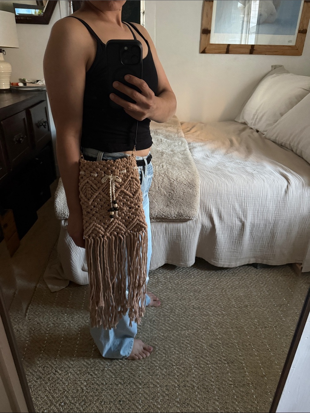Boho Handwoven Macramé Crossbody Bag - Tan - Picture 14 of 15